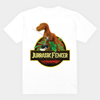 koszulka bawelniana,z nadrukiem, grafika z motywem szermierza, koszulka z serii fencing legend,Jurassic Fencer