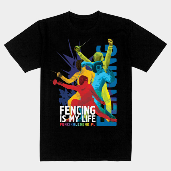 koszulka bawelniana, czarna, z nadrukiem, grafika z motywem szermierza, koszulka z serii fencing legend