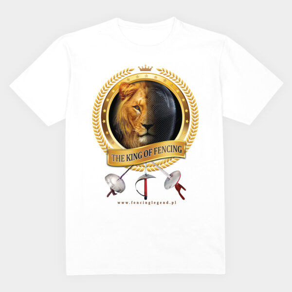 koszulka bawelniana, biała, z nadrukiem, grafika z motywem szermierza, koszulka z serii fencing legend