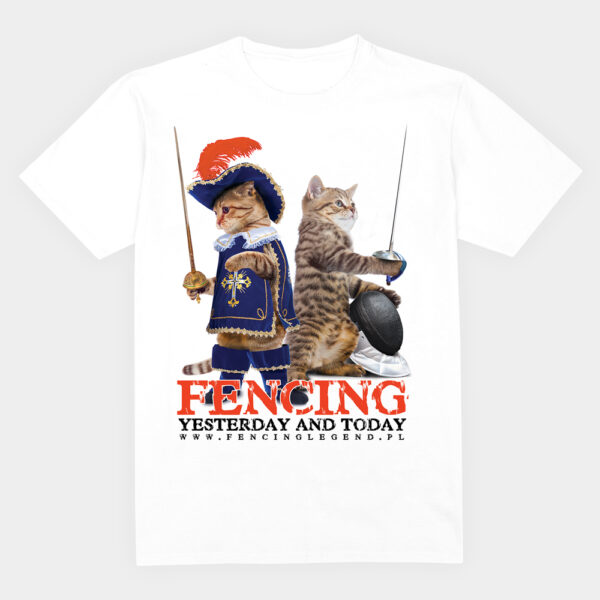 koszulka bawelniana,z nadrukiem, grafika z motywem szermierza, koszulka z serii fencing legend,koty, muszkieterowie