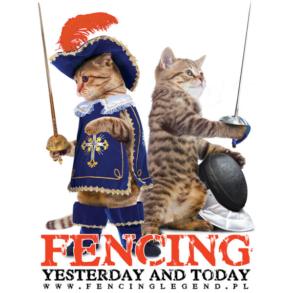koszulka bawelniana,z nadrukiem, grafika z motywem szermierza, koszulka z serii fencing legend,koty, muszkieterowie